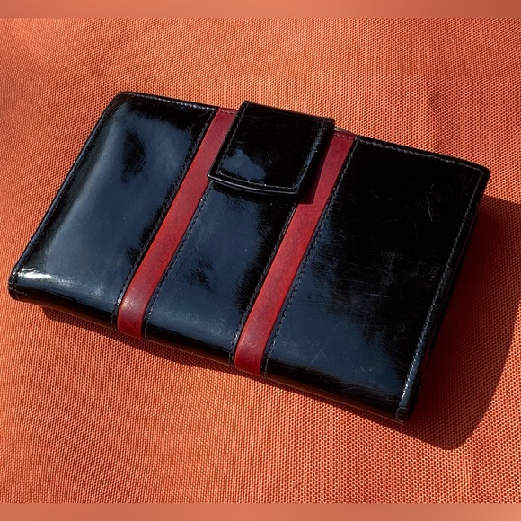 VTG patent leather wallet,made in Italy for Dayton,black/red,brass frame/clasp - Picture 12 of 13